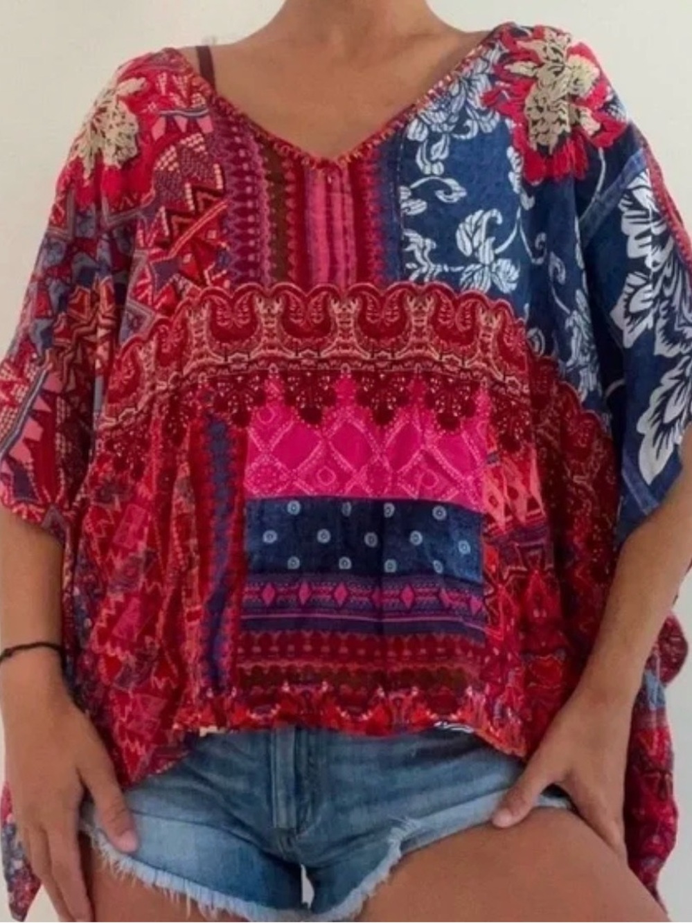 Desigual Perugia Patchwork Embroidered Batwing Blouse sz L